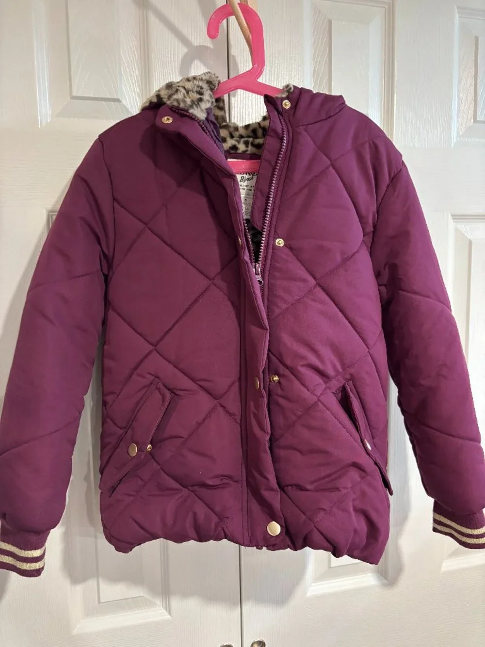 OshKosh B'Gosh Quilted Puffer Coat Purple w/ Faux Fur Lined Leopard Print Hood 8